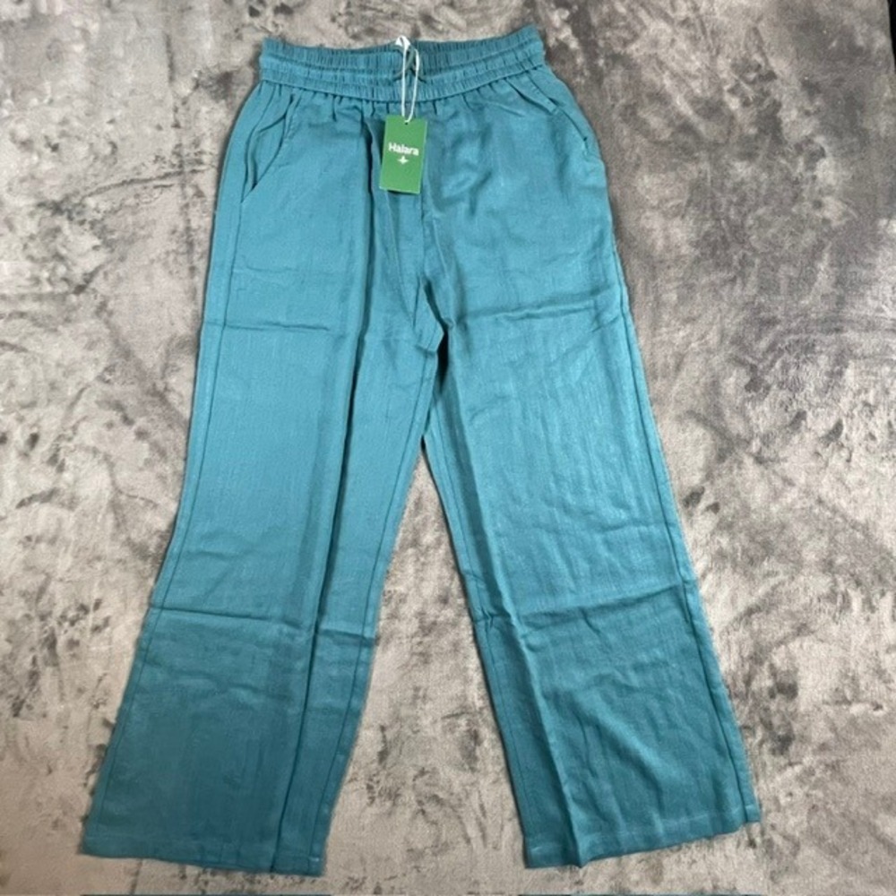 Halara Teal High Waisted Wide Leg Baggy Linen Feel Pants M Drawstring Pocket